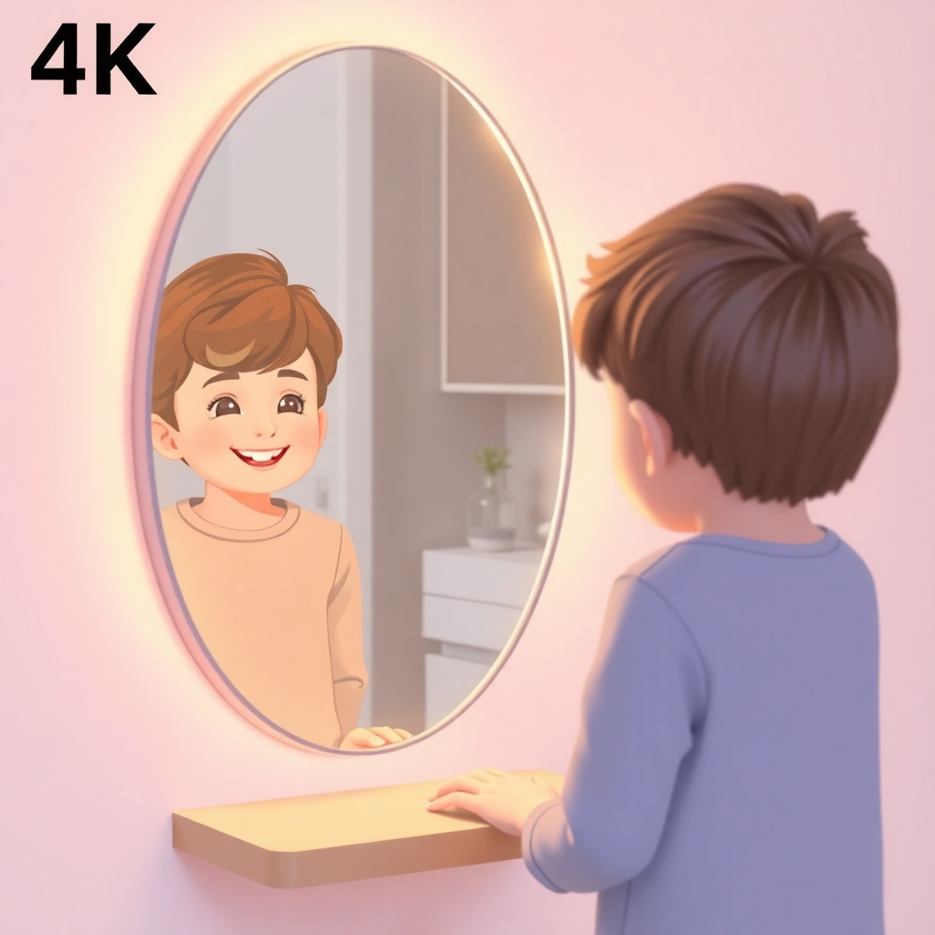 A stylized 4K image depicting a child looking at their reflection in a mirror. In the reflection, the child sees a confident and happy version of themselves, enhanced by glowing light and positive visual cues. The surrounding environment is clean and modern, with a focus on conveying a sense of self-acceptance and positivity. Use a warm and inviting color palette, and emphasize the contrast between the child's perception of themselves and their true potential.