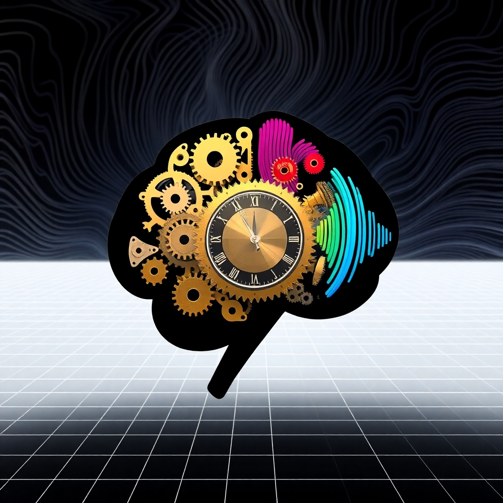 A stylized 4K image depicting a brain silhouette filled with clockwork gears and sound waves. The clockwork should be gold and silver, representing structured time management, while the sound waves are rendered in vibrant, harmonious colors symbolizing focus frequencies and positive affirmations. The background fades from a chaotic swirl of lines into a clear, organized grid pattern. The overall impression is one of transformation – from disarray to clarity, from distraction to focus. The style is a blend of minimalist design and abstract representation, conveying both the scientific and metaphysical elements of Afrekete's approach. The camera focuses on the center of the brain silhouette, highlighting the interconnectedness of time, sound, and mental clarity.
