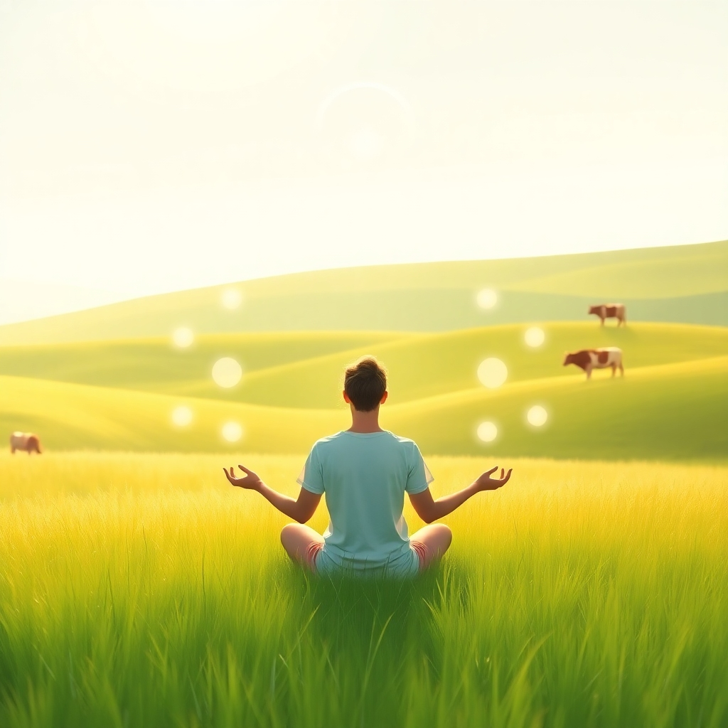 A stylized 4K image depicting a person meditating peacefully in a serene, sunlit meadow. They are surrounded by gentle, glowing orbs representing sound frequencies. Above them, a subtle halo symbolizes angelic guidance. In the distance, healthy grazing cattle dot a rolling green landscape. The overall color palette should be warm and inviting, with soft greens, golds, and whites. The composition should convey a sense of tranquility, balance, and connection to nature. Focus on conveying a sense of inner peace and holistic well-being. Soft focus, painterly style.