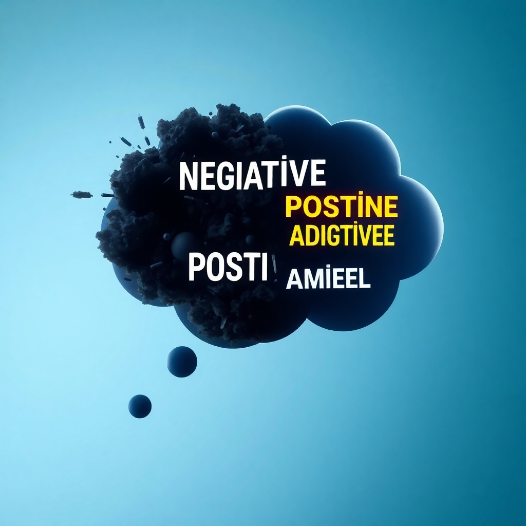 A stylized 4K image depicting a thought bubble containing negative thoughts being replaced by positive affirmations. The negative thoughts are represented by dark and chaotic visuals, while the positive affirmations are represented by bright and organized visuals. The image should convey the idea of actively changing thought patterns for the better.