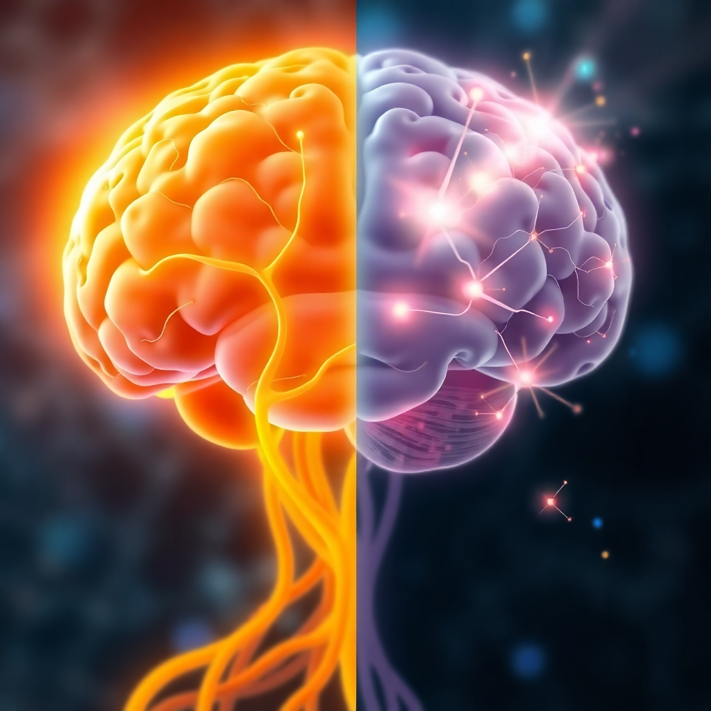 A stylized 4K image depicting neural pathways in the brain. One set of pathways is brightly colored and well-defined, representing strengthened connections through repeated affirmations. Other pathways are fainter and less distinct, showing the initial state. Use a vibrant color palette to illustrate the strengthening process, and incorporate subtle visual cues like glowing particles or light streams to emphasize the flow of information.