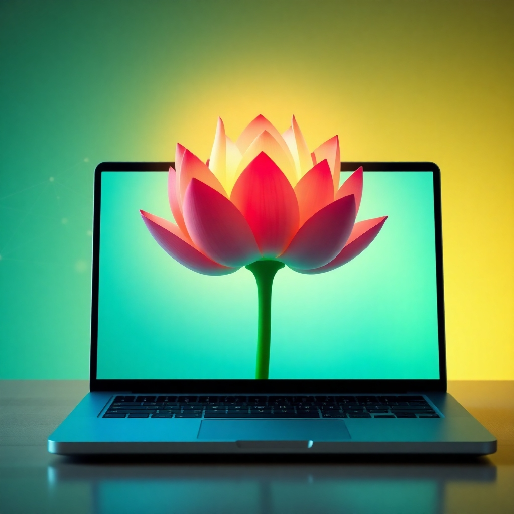 A stylized 4K image depicting a blossoming lotus flower emerging from a laptop screen. The lotus represents personal growth and transformation. The background features a subtle network of interconnected nodes, symbolizing the remote work environment. The color palette is vibrant and uplifting, featuring shades of green, blue, and gold. Soft, diffused light emanates from the laptop screen, highlighting the lotus flower. The camera angle is slightly elevated, offering a sense of hope and optimism. Textures are smooth and polished, conveying a sense of professionalism and serenity. Style is a blend of realism and symbolism, capturing the essence of healing and career advancement. Props include the laptop, the lotus flower, and subtle visual cues representing sound waves and positive affirmations.