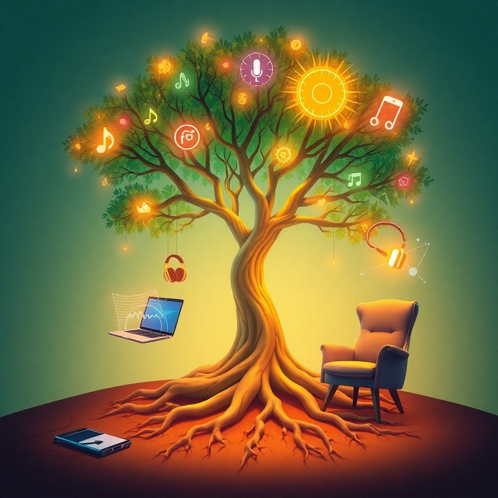 A stylized 4K image representing the core concept of 'Work from Home Growth Affirmations, Frequencies'. The scene should feature a tree with roots reaching deep into the earth (representing grounding and stability) and branches extending upwards, bearing glowing, abstract symbols of affirmations, sound waves, and tools. The tree is bathed in warm, inviting light. Around the tree, visualize subtle representations of remote work – a floating laptop, a headset with a microphone, and a comfortable chair. The color palette should be calming and inspiring, using earthy tones and vibrant hues. Style: A blend of realism and digital art, with a touch of surrealism. Camera angle: a wide shot, capturing the entirety of the tree and its surrounding elements. The overall effect should be visually appealing and communicate growth, positivity, and empowerment.
