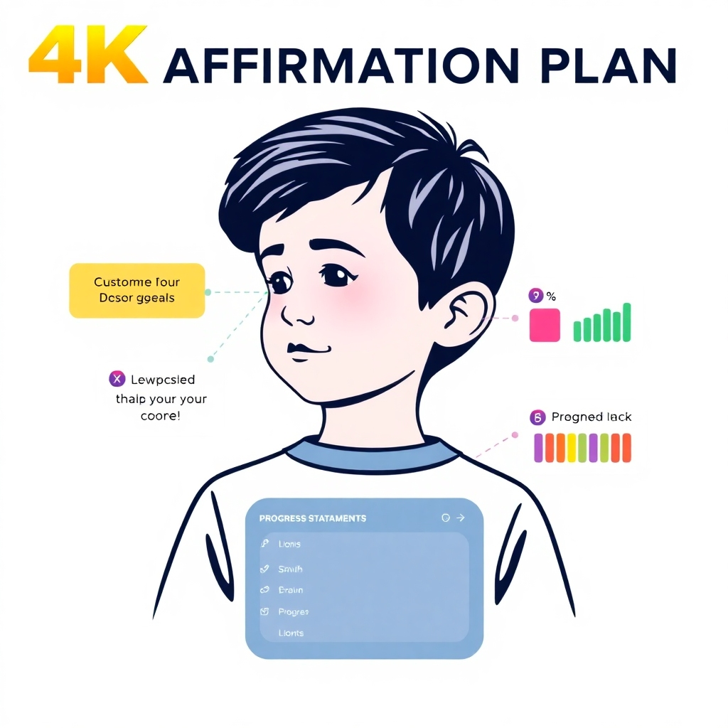 A stylized 4K image representing a personalized affirmation plan. The image features a child's profile with integrated visual elements such as customized goals, positive statements, and progress tracking metrics. The background is clean and visually organized, conveying the notion of focused intent and progress monitoring. Subtle light and vibrant colors symbolize growth and personal empowerment.