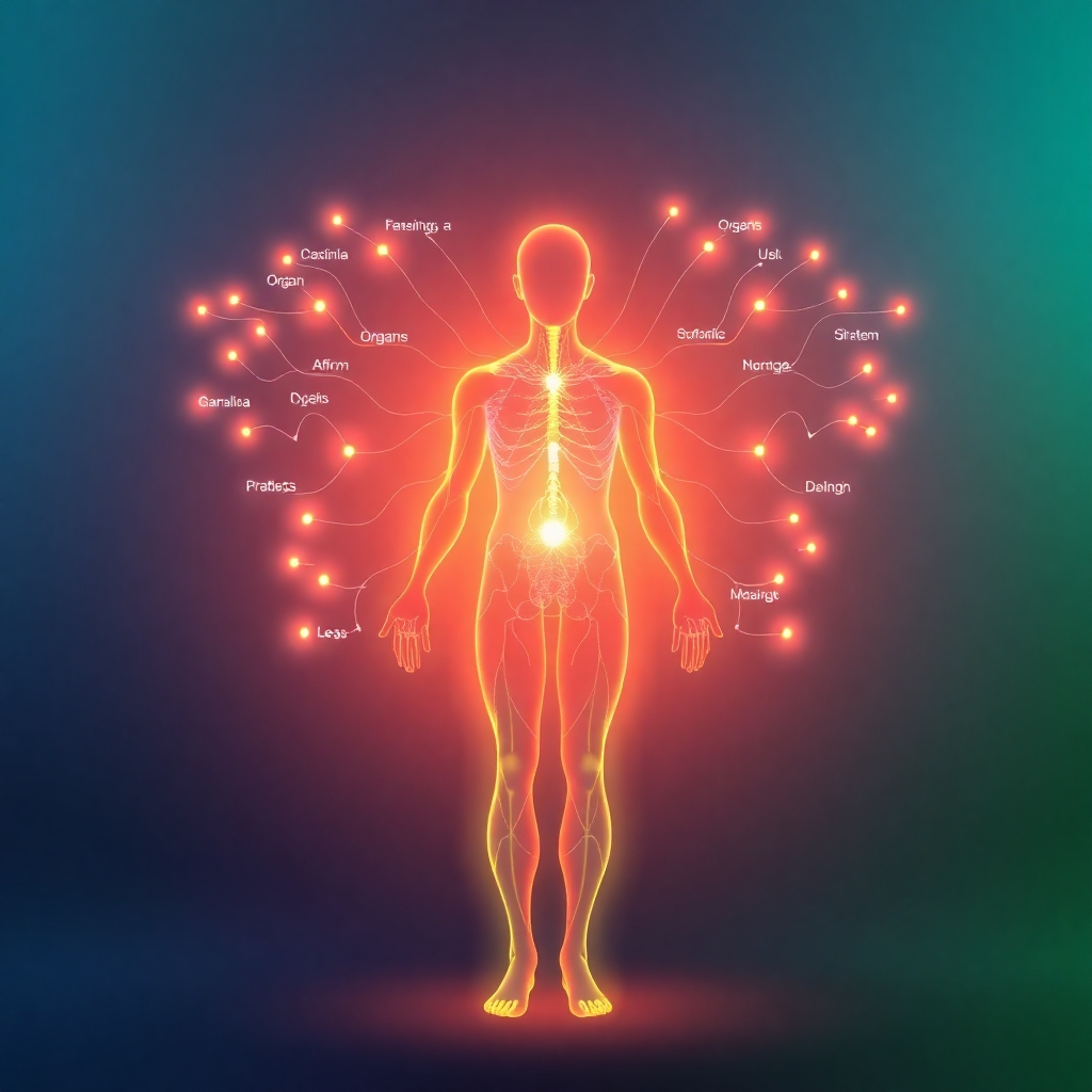 A stylized 4K image representing the essence of self-healing. Depict a vibrant, interconnected network of light pathways forming a human silhouette. Each pathway pulses with a different color, representing various organs and the nervous system. The silhouette is surrounded by sound waves emanating from a central point, symbolizing sound therapy. Soft, warm lighting creates a sense of serenity and healing. The background is a gradient of calming blues and greens. Incorporate subtle representations of affirmation text flowing through the light pathways. Style reference: Modern, abstract representation of the human body and energy flow. Camera angle: A medium shot focusing on the interconnectedness of the light pathways.