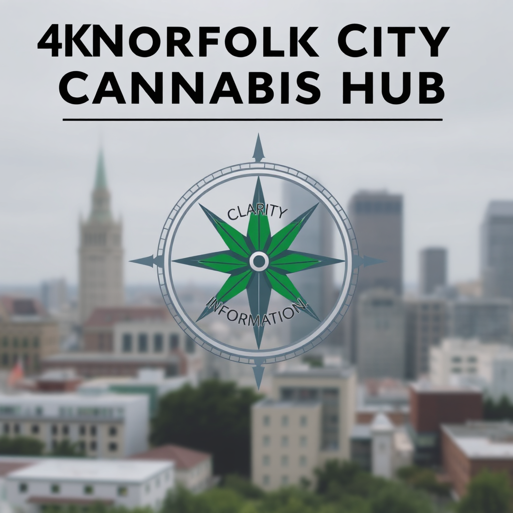 A stylized 4K image representing the mission of Norfolk City Cannabis Hub. The central element is a stylized compass, pointing towards the words 'Clarity' and 'Information'. In the background, a blurred cityscape of Norfolk is visible. The color palette is muted, with shades of gray and green dominating. The lighting is soft and diffused, creating a sense of calm and trustworthiness. The camera angle is slightly low, emphasizing the compass as a guiding symbol. Textures are smooth and clean, reflecting a professional and reliable aesthetic. The style is modern and minimalist. Props include a subtle representation of cannabis leaves within the compass design. The overall image should convey the idea of guidance and clarity in a complex legal environment.