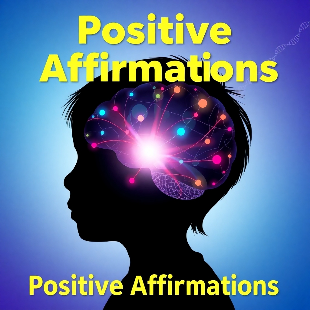 A stylized 4K image representing the scientific exploration of positive affirmations. The image features a child's silhouette filled with abstract, colorful brain activity patterns. These patterns are subtly interconnected, resembling a network of neural pathways. The background should be a gradient of calming blues and purples, evoking a sense of peace and focus. Consider incorporating DNA strands or other scientific motifs in a subtle, artistic way. A single, bright light source should illuminate the child's silhouette from behind, highlighting the vibrant brain activity within. The style should be clean and modern, with a focus on conveying information in an engaging and visually appealing way. This image should encapsulate the idea of rewiring the brain for self-worth and positive behavior through scientific understanding and the power of affirmations.