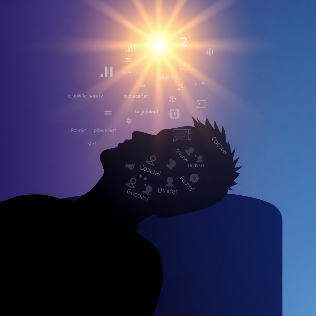 A stylized 4K image representing the concept of learning while sleeping. The central figure is a silhouette of a person sleeping peacefully. Overlaid on the silhouette are translucent layers depicting brainwave patterns, code snippets, and communication symbols. These elements subtly flow into the silhouette, representing the subconscious absorption of knowledge. The background features a gradient of deep blues and purples, symbolizing the tranquility of sleep and the power of the subconscious mind. Subtle light rays emanate from the brainwave patterns, illuminating the silhouette. The overall style is minimalist and modern, with a focus on clean lines and calming colors. The image should convey a sense of peaceful learning and effortless skill acquisition. A warm golden glow hints at success.