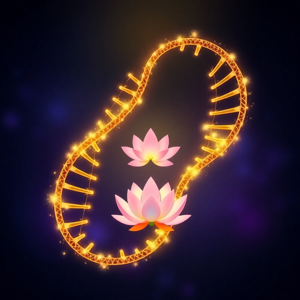 A stylized, 4K resolution image representing the Unplugged Matrix mission. Visualize a double helix structure intertwined with golden light frequencies. At the intersection, a lotus flower blooms, symbolizing healing and transformation. The background is a gradient of deep blues and purples, suggesting the mysteries of the universe. The overall style is a blend of scientific accuracy and spiritual symbolism, drawing inspiration from bioluminescence and sacred geometry. The camera should give a slightly upward facing angle, giving the impression of vastness and interconnectedness.