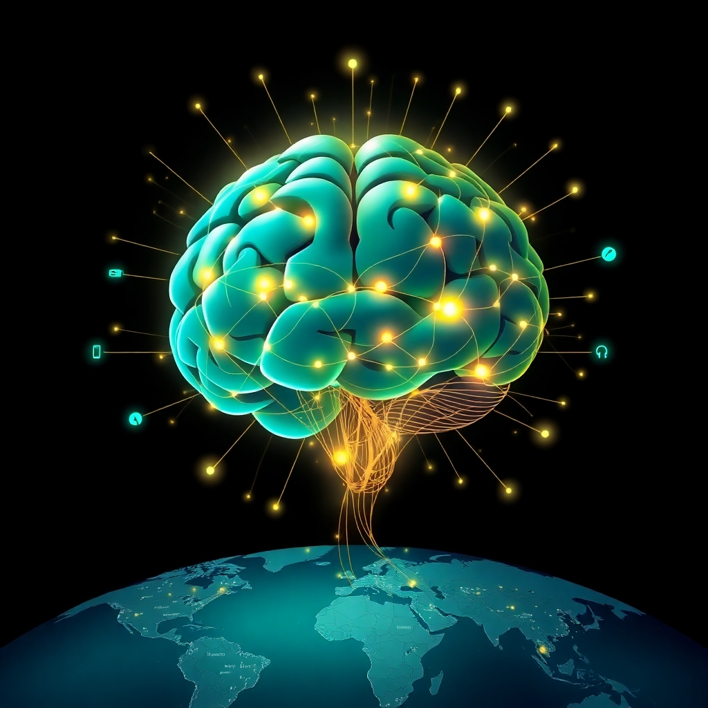 A stylized 4K resolution image representing the essence of Afrekete's mission. Depict a stylized brain interwoven with threads of light and sound. These threads represent positive affirmations, sound frequencies, and learning modules. The brain is positioned on top of a world map highlighting different cities, symbolizing the global reach of remote work. Colors should be vibrant and uplifting – think turquoise, gold, and emerald green. A subtle, geometric pattern overlays the entire image, adding a layer of visual interest. The overall style is a blend of abstract art and modern tech aesthetics. Consider incorporating icons representing different skills, such as coding, design, and marketing, subtly embedded within the light threads. Camera angle: A slightly elevated perspective looking down on the brain and the world map. Texture details: Focus on making the light threads look tangible and energetic. The background should be dark and slightly blurred to make the central elements stand out. This image should convey growth, connection, and empowerment.