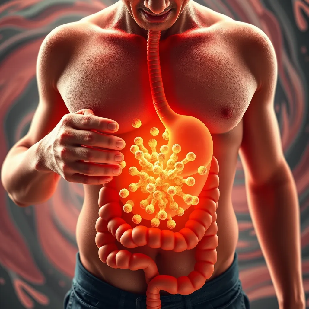 A stylized, realistic depiction of a person experiencing digestive discomfort, like bloating and gas. Their stomach should be prominently displayed with fiber molecules stuck inside, creating visual tension. The background should show a swirling, abstract representation of the gut, highlighting the painful digestive process.