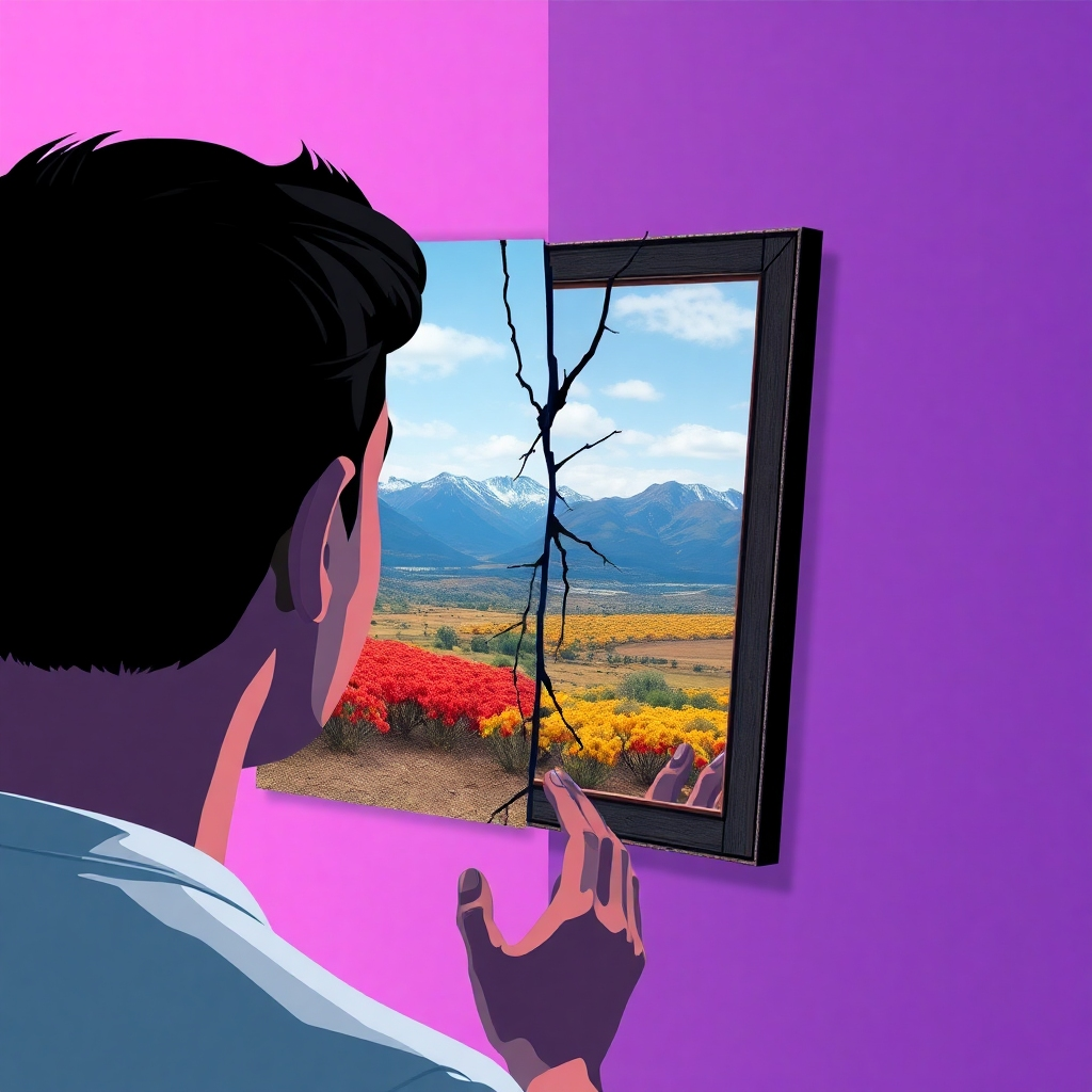 A stylized digital artwork depicting a person looking into a mirror that reflects a distorted, artificial version of reality. Cracks appear on the mirror's surface, revealing glimpses of a vibrant, natural landscape behind it. The color palette is contrasting, with muted, dull tones in the reflection and bright, vivid colors in the real landscape. The artwork symbolizes breaking free from the illusion and perceiving the true nature of reality. Rendered in 4K resolution.