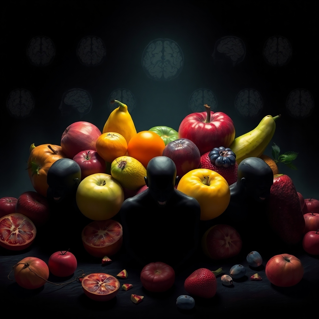 A stylized digital illustration showcasing a vibrant array of fruits gradually decaying and morphing into shadowy figures representing neurological imbalances. The background should be dark and ominous, with subtle hints of brain scans distorted and fading. The lighting should be dramatic, highlighting the decay and the ominous figures. Style reference: Dark, surreal art. Textures should appear smooth and polished initially, then progressively rough and decaying. This will highlight the initial appeal of the fruitarian diet with its long term damage to neurological stability.