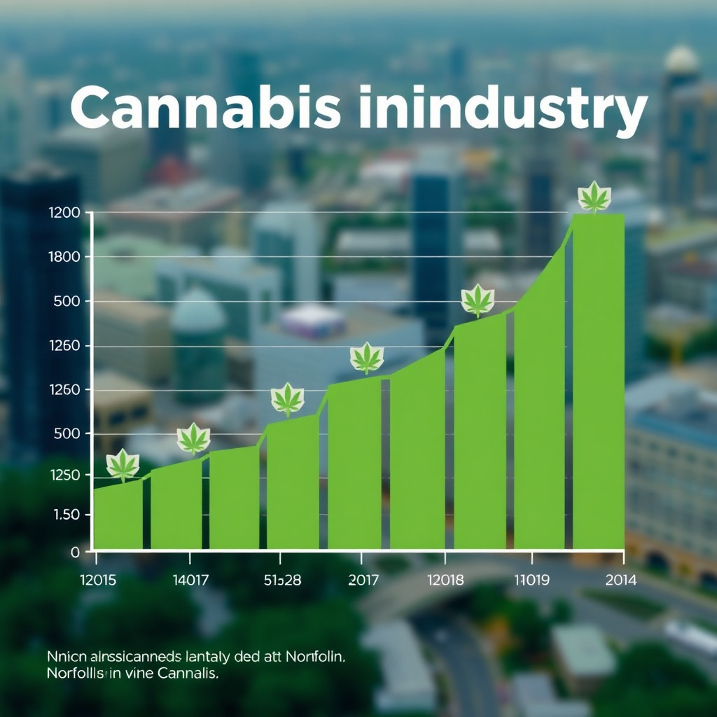 A stylized graph depicting the growth of the cannabis industry in Norfolk. The graph should be visually appealing, with vibrant colors and clear labels. The background features a blurred cityscape of Norfolk. The style should be modern and data-driven, conveying a sense of accuracy and insight. The color palette should be predominantly green and blue.