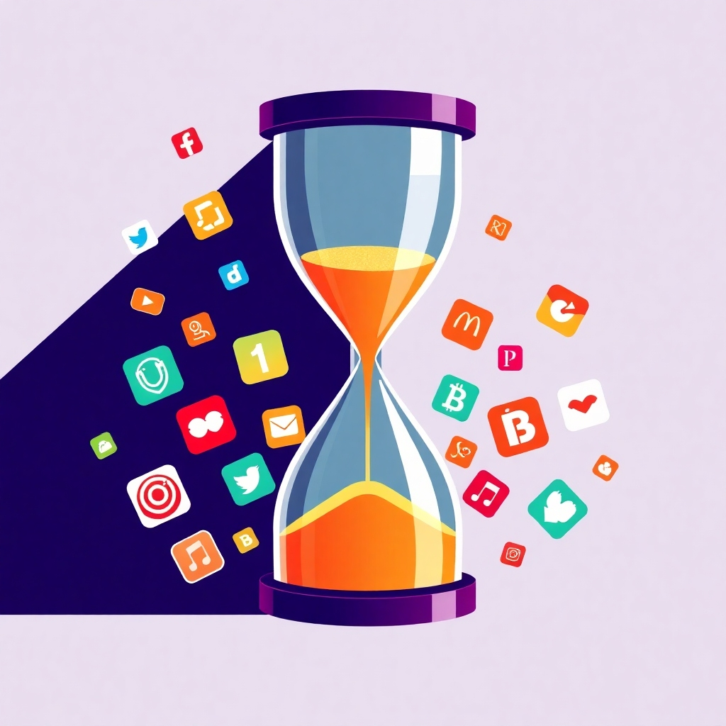 A stylized graphic depicting a digital hourglass with sand running out rapidly. A swarm of distracting app icons surrounds the hourglass, trying to pull it down. The overall image conveys the sense of time slipping away due to digital distractions. The color palette is a mix of urgent reds and oranges, contrasting with calming blues and greens.