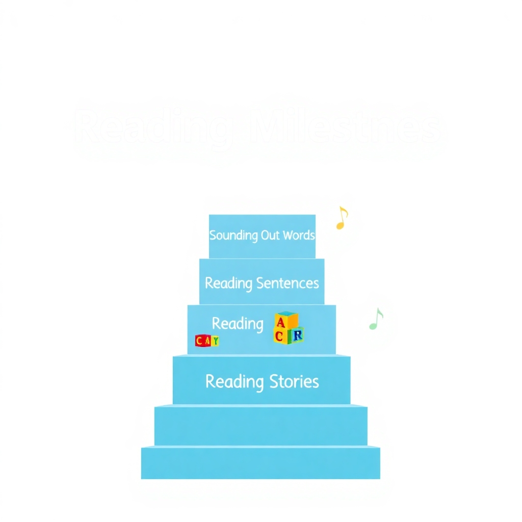 A stylized graphic representing reading milestones achieved. The graphic features a staircase leading upwards, with each step representing a reading milestone (e.g., 'Sounding Out Words', 'Reading Sentences', 'Reading Stories'). Each step is decorated with images of books, alphabet blocks, and musical notes. The overall style is clean, modern, and encouraging. Technical specs: Vector graphics, bright and cheerful colors, minimalist design.