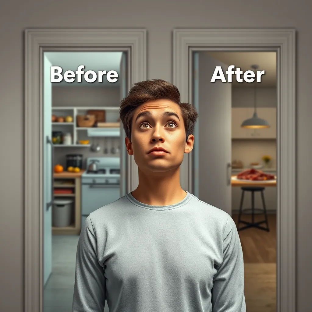 A stylized graphic showing a person with a thoughtful expression, standing between two doorways representing 'Before' and 'After'.  The 'Before' door shows a cluttered kitchen with unhealthy foods, while the 'After' door reveals a clean, minimalist kitchen with a platter of meat.