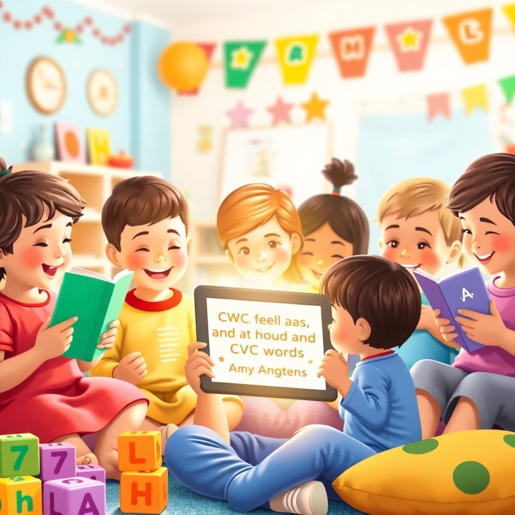 A stylized, heartwarming image depicting a diverse group of young children (ages 4-6) engaged in a reading activity. Some children are holding books, while others are interacting with a tablet displaying CVC words and affirmations. The setting is a bright and cheerful classroom or learning space, with colorful decorations and comfortable seating. Soft, glowing light emanates from the tablet, creating a sense of warmth and encouragement. Subtle sound waves visually represent the calming 777Hz frequency music, subtly woven into the background. The children's faces express joy, focus, and confidence. The image should evoke a sense of community and positive learning. The style blends realistic representation with subtle stylized elements, emphasizing the emotional impact of the scene. Relevant props include alphabet blocks, picture books, and soft cushions. Technical specs: 4K resolution, high-quality rendering, bright and vibrant color palette.
