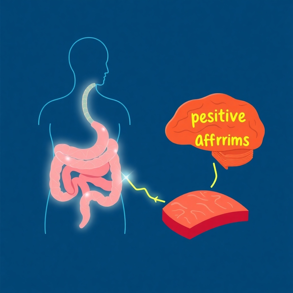 A stylized illustration depicting the gut and brain connected by a glowing neural pathway. Healthy looking meat is visible near the gut, with positive affirmations visually displayed near the brain. Bright colors, modern style.