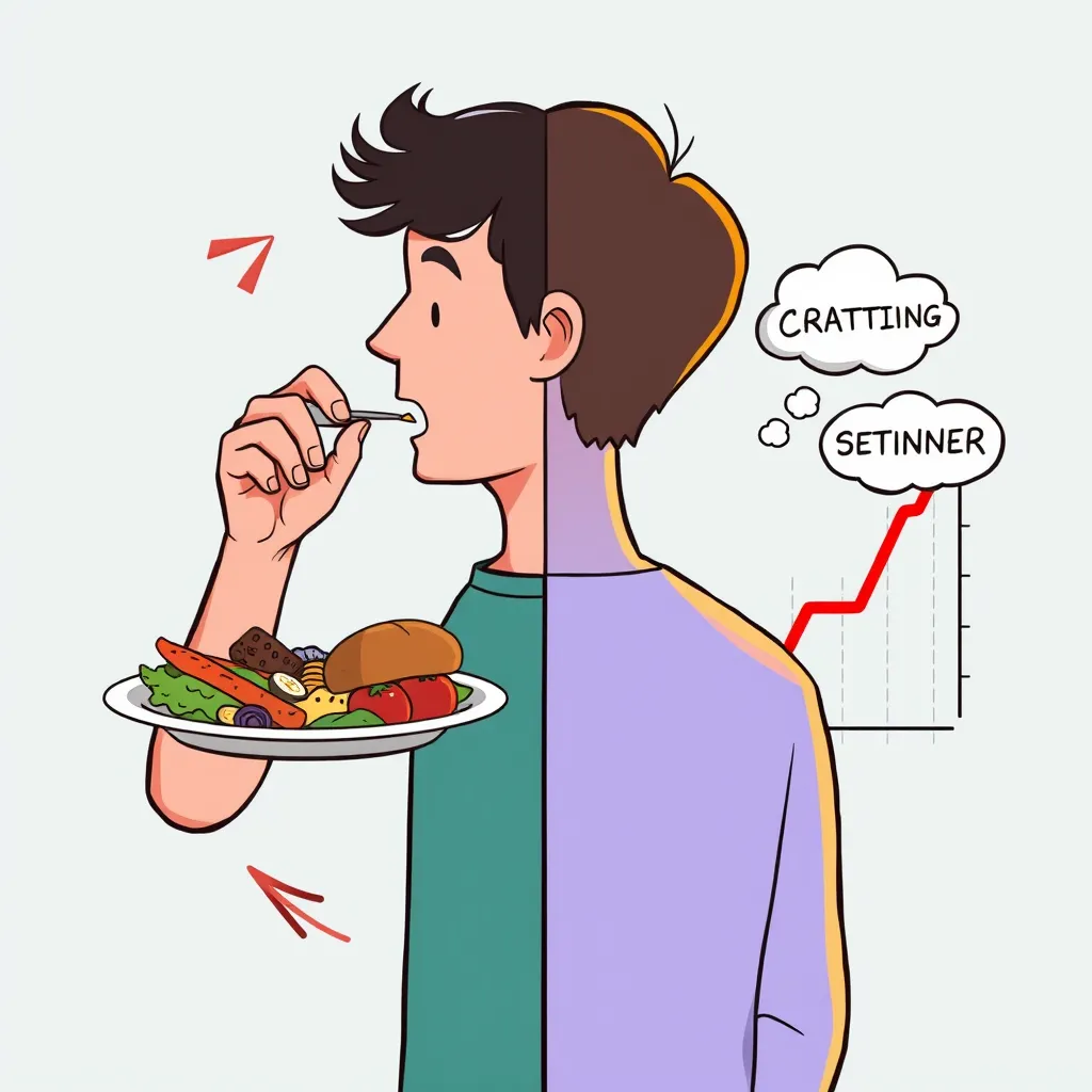 A stylized illustration depicting a person caught in a cycle. One side shows a person consuming a plate of processed vegan food, leading to a spike in blood sugar, represented by a rising graph. The other side shows the person feeling tired and craving more food, represented by a falling graph and a craving cloud.