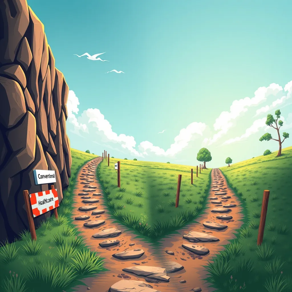 A stylized illustration depicting two contrasting paths. One path, labeled "Conventional Healthcare," is narrow and filled with obstacles, symbolizing the limitations of current medical practices. The other path, labeled "Carnivore Diet," is wide and open, representing a more natural and holistic approach to health. The illustration should be visually impactful, highlighting the stark contrast between the two paths and suggesting the transformative potential of the carnivore diet.