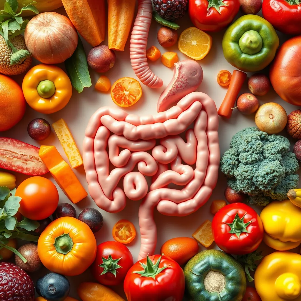 A stylized illustration depicting a healthy gut with vibrant, colorful fruits and vegetables surrounding it, showcasing the positive relationship between fiber and gut health. The illustration should be bright, cheerful, and inviting.