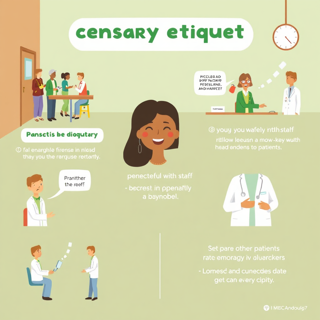 A stylized illustration depicting various dispensary etiquette scenarios, such as waiting patiently in line, speaking respectfully with staff, and being mindful of other patients. Use a friendly and approachable art style with clear and concise visuals. Style: Modern infographic illustration.