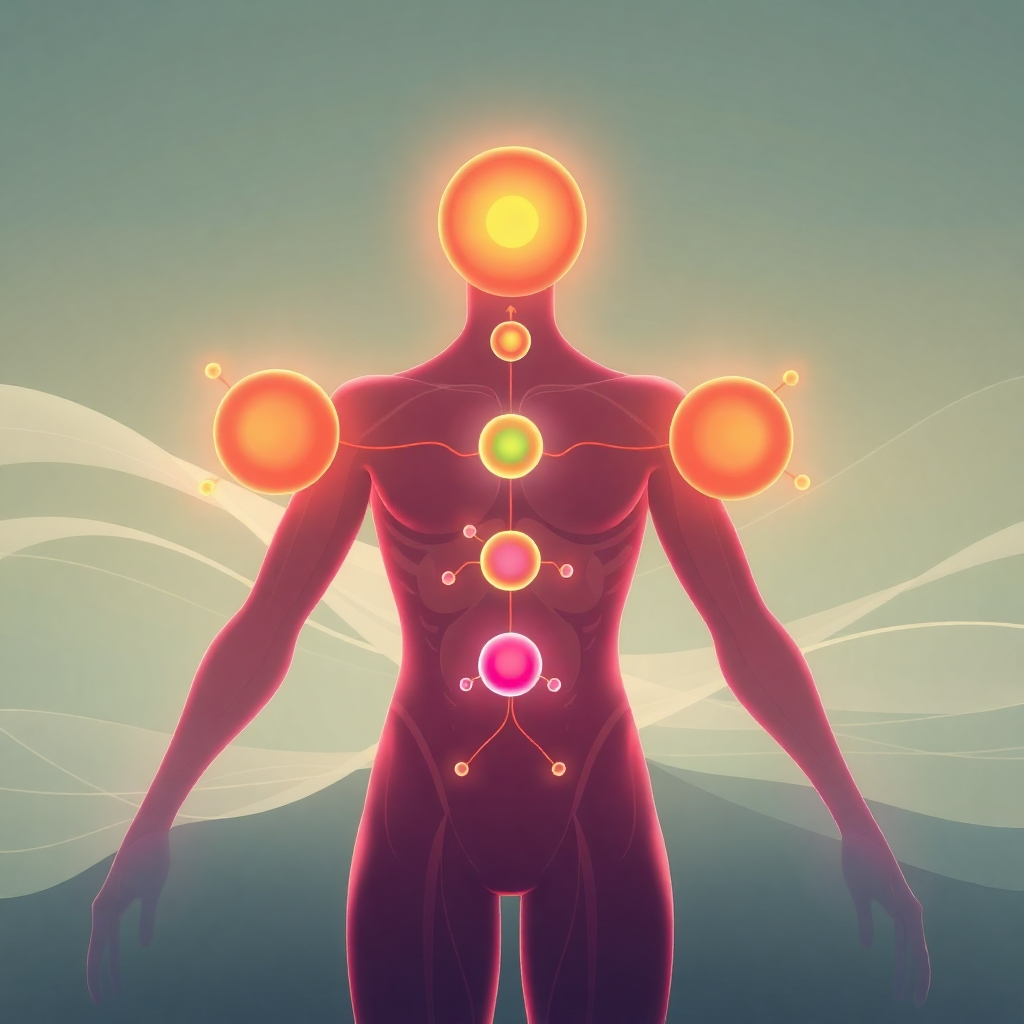 A stylized illustration depicting a human body with balanced hormones represented by vibrant, interconnected orbs. The background should feature a calming, minimalist design with gentle, flowing lines that symbolize harmony and balance.