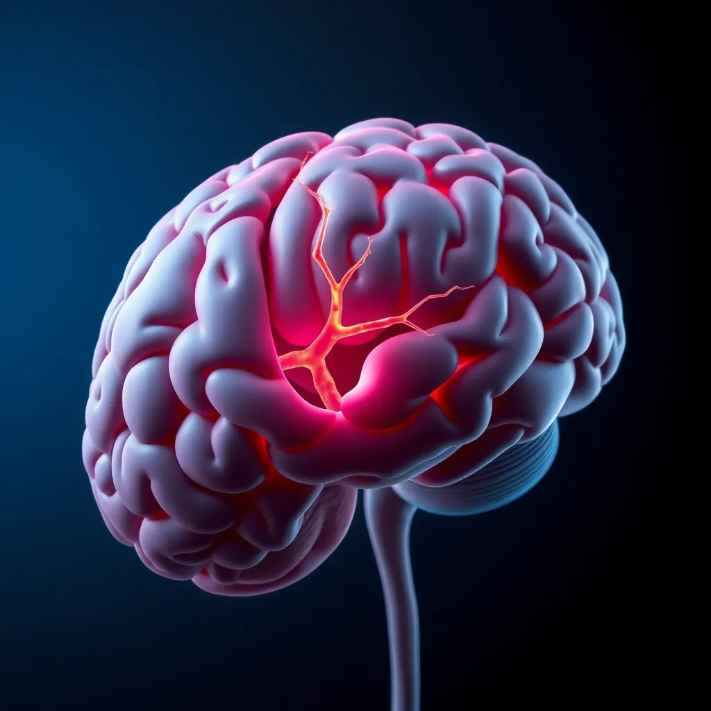 A stylized illustration of a brain with a section cut open, revealing a nerve fiber with a thin, damaged myelin sheath, symbolizing B12 deficiency. The background should be a dark blue gradient, representing a lack of energy and focus.