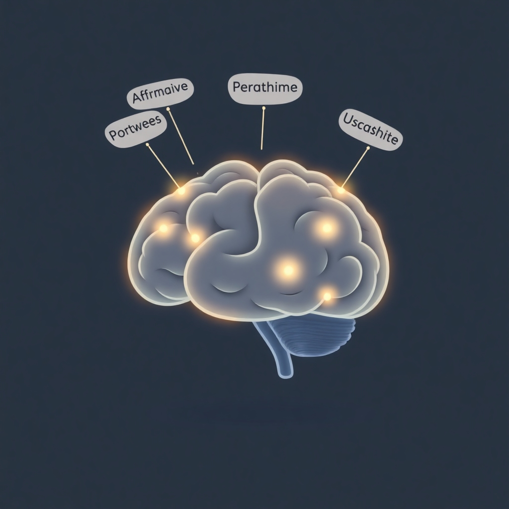 A stylized illustration of a brain with pathways lighting up as positive affirmations are being spoken. The brain is glowing with a soft, warm light. The background is a dark, neutral color. Style: Minimalist and abstract. Camera angle: Medium shot focusing on the brain.