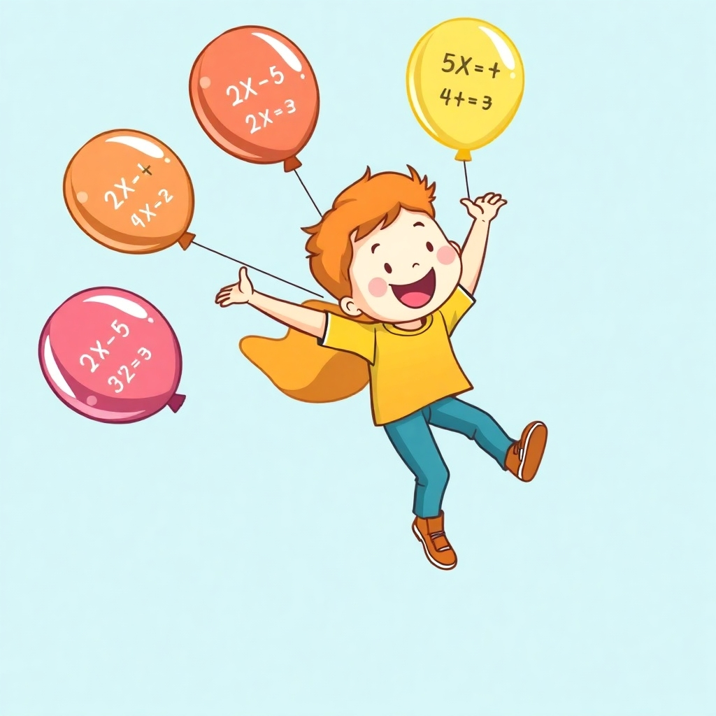 A stylized illustration of a child soaring through the air with multiplication facts written on colorful balloons surrounding them. The image should be fun, playful, and empowering.