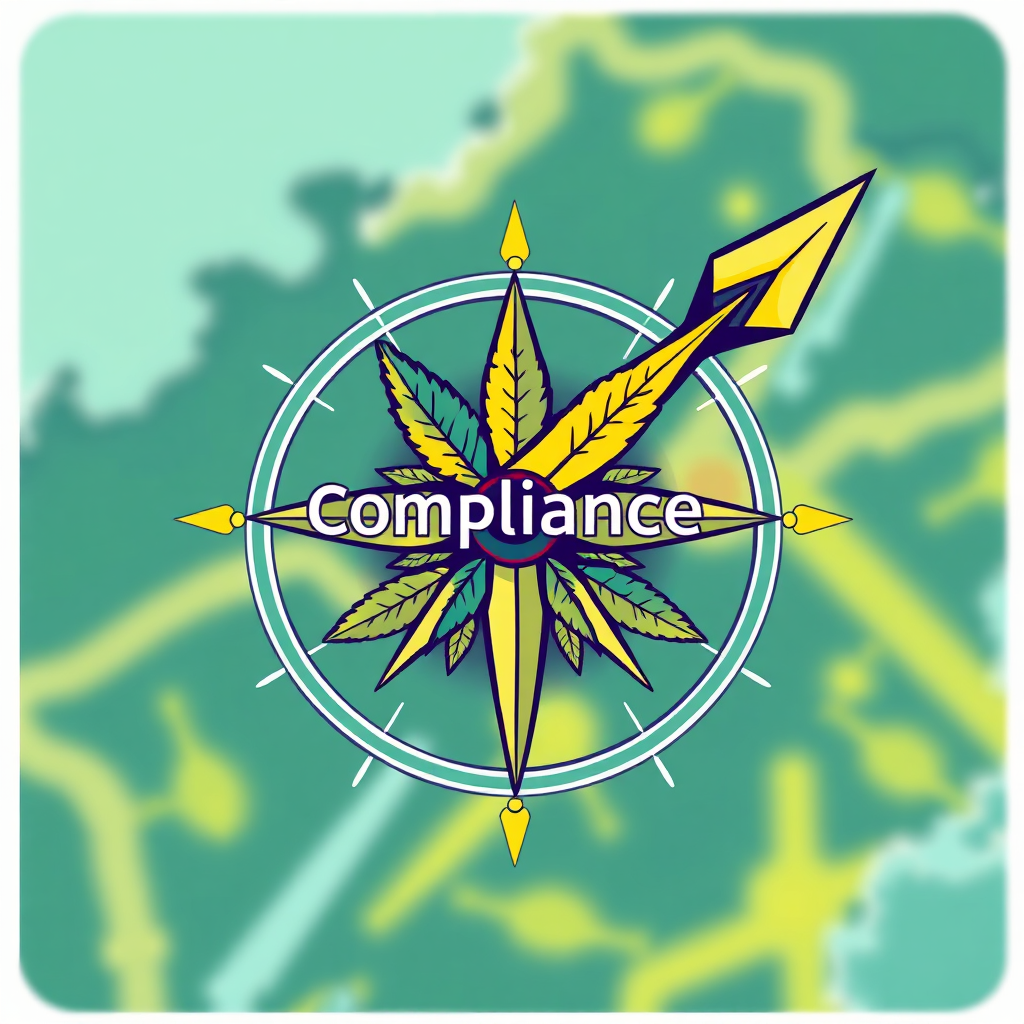A stylized illustration of a compass pointing towards a 'compliance' target. The compass is intricately designed with cannabis leaf motifs. The background features a blurred map of Norfolk. Use a vibrant color palette of greens, yellows, and blues to convey a sense of direction and guidance. The style should be modern and geometric, with clean lines and sharp angles. This image should evoke a sense of clarity and assurance.