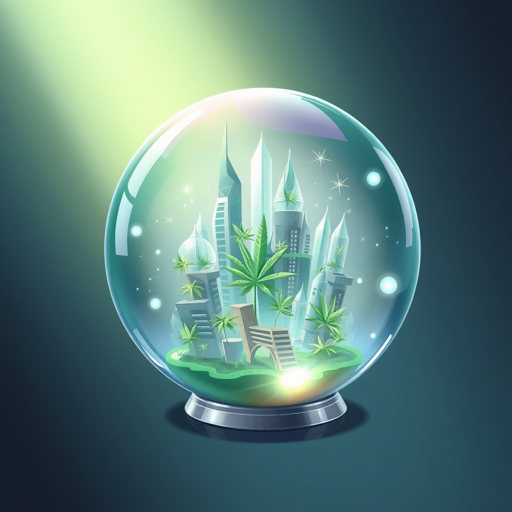 A stylized illustration of a crystal ball displaying a futuristic cityscape with cannabis plants integrated into the architecture. The lighting is ethereal and dreamlike, with soft glows and shimmering effects. The color palette is predominantly green, blue, and silver, conveying a sense of innovation and progress. This image should evoke a sense of wonder and anticipation.