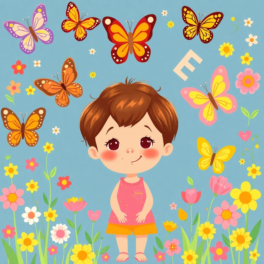 A stylized illustration of a child surrounded by colorful butterflies and flowers, each representing a letter of the alphabet and a creative concept. The style should be whimsical and bright, reminiscent of children's book illustrations. The color palette is vibrant and joyful. Resolution: 4K, high quality