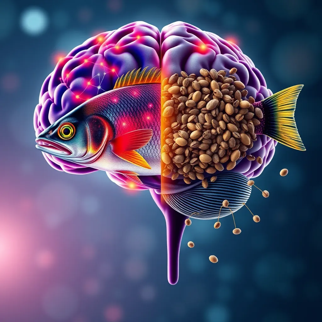 A stylized illustration of a human brain, with healthy neurons highlighted in vibrant colors. On one side, a fish is depicted with omega-3 fatty acids radiating from it. On the other side, flaxseeds and chia seeds are shown, with omega-3 molecules appearing slightly less prominent.
