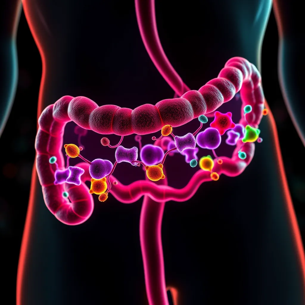 A stylized illustration of a human gut, with the gut lining depicted as a chain of cells, and several colorful lectins binding to the cells. The image should have a vibrant and slightly abstract feel, highlighting the disruption caused by the lectins.