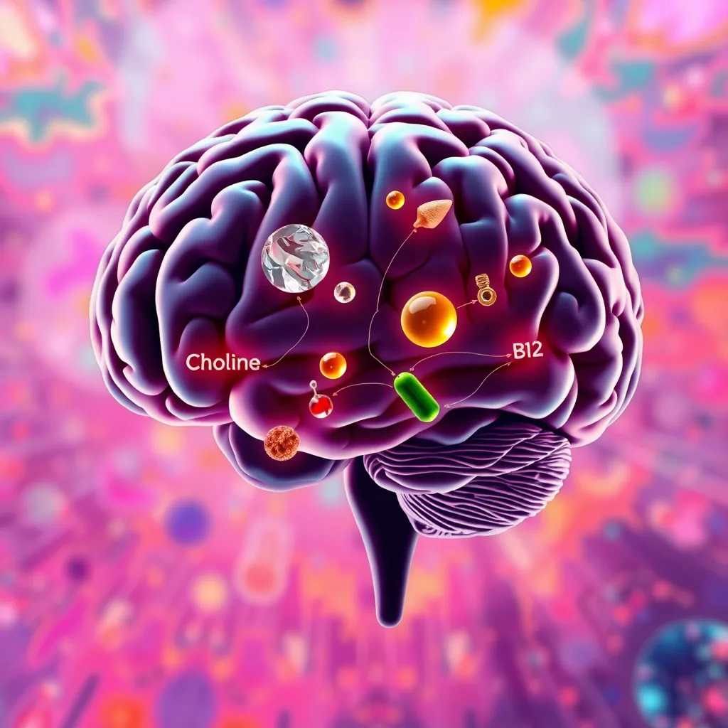 A stylized illustration of a human brain, with various nutrients like choline, vitamin B12, and omega-3 fatty acids flowing into it, representing their beneficial effects on brain function. The background should be a vibrant, abstract pattern representing the vibrant energy and clarity of a healthy brain.