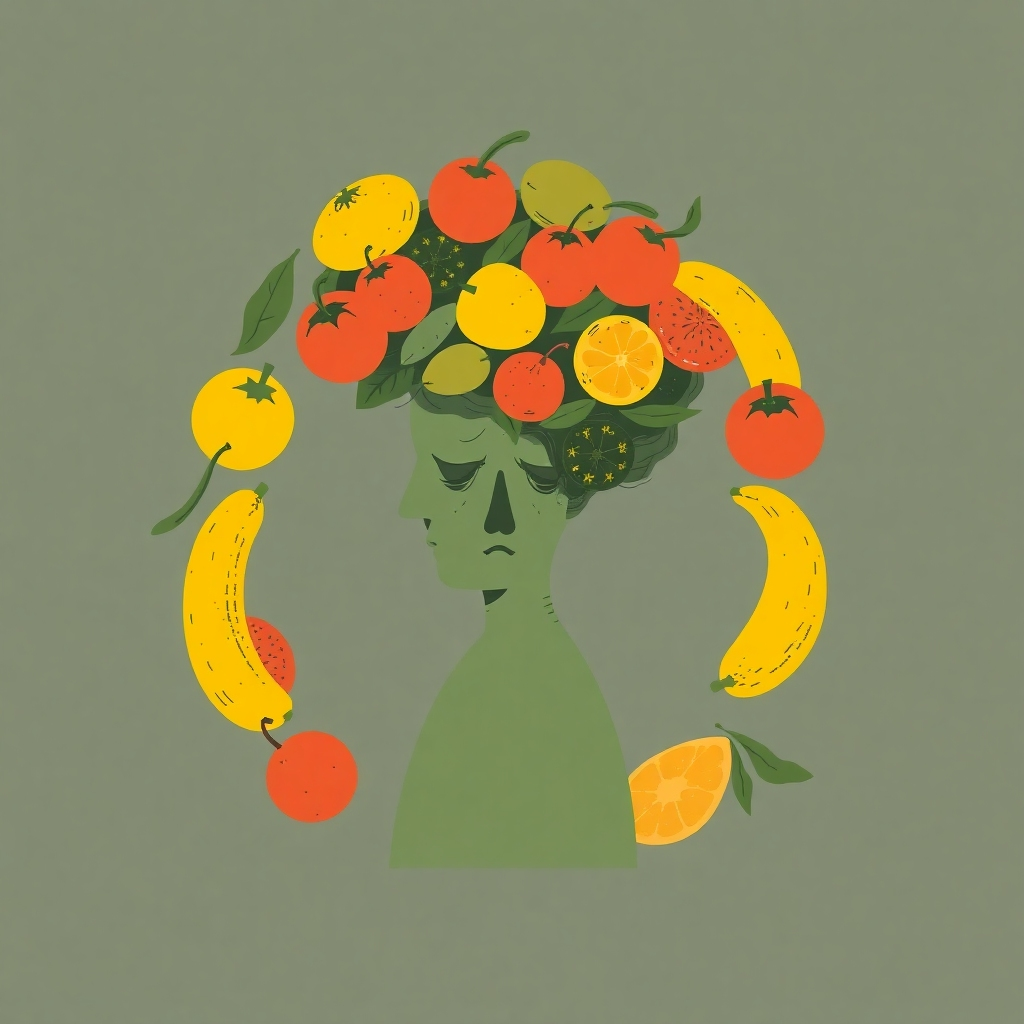 A stylized illustration representing a mind consumed by repetitive thoughts. Visualize a loop of fruits encircling a stressed figure, emphasizing the obsessive nature linked to restrictive dieting. Palette: muted greens and yellows with harsh red accents. Style: Abstract and psychologically evocative.
