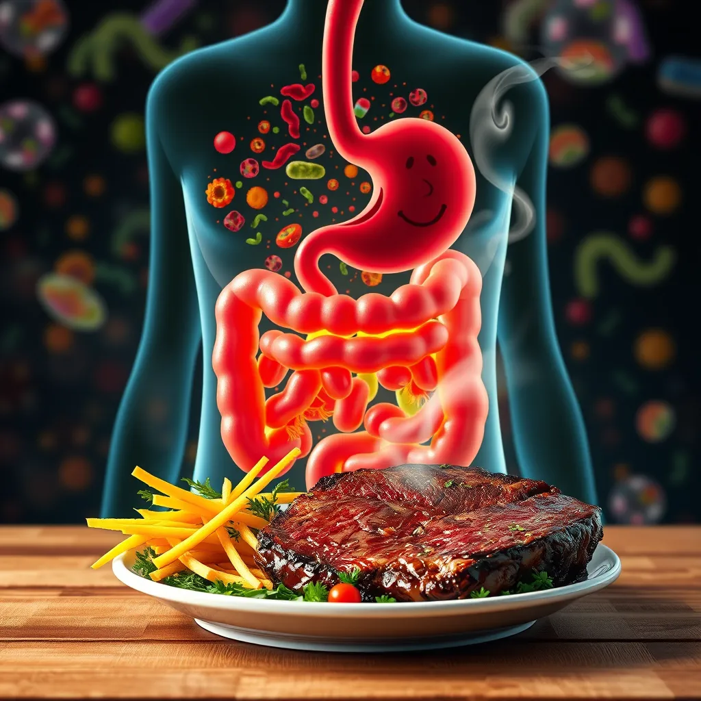 A stylized illustration showing a healthy human gut with vibrant, colorful bacteria and a happy, smiling face. The illustration should also feature a steaming plate of grass-fed beef with a focus on healthy fat content.