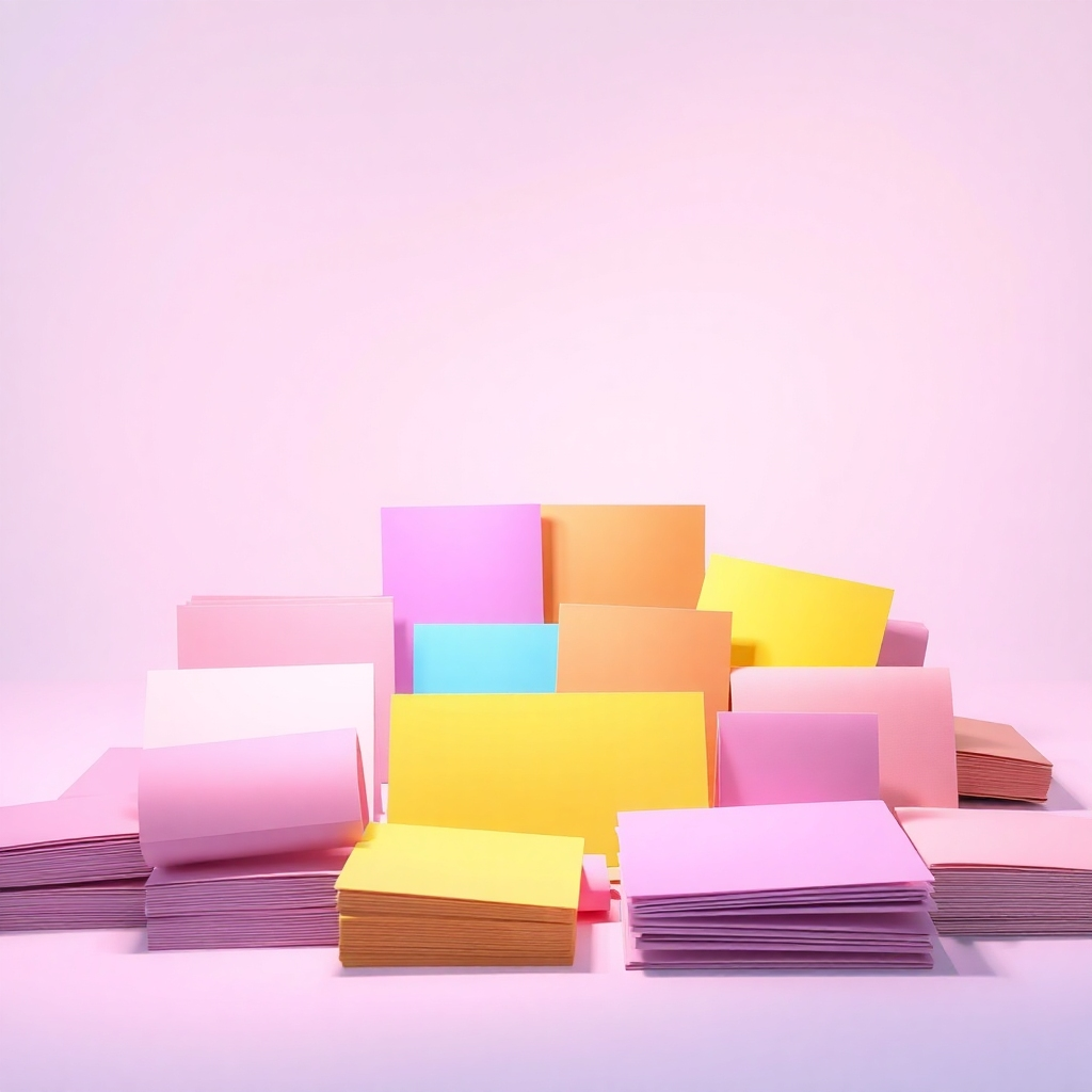A stylized image, 4K resolution. Use a pastel color palette with soft gradients to evoke a mood of serenity and calm. The image should include multiple brightly colored cards arranged artfully, with soft lighting. The style should be similar to children's storybooks, with soft lines and playful elements.