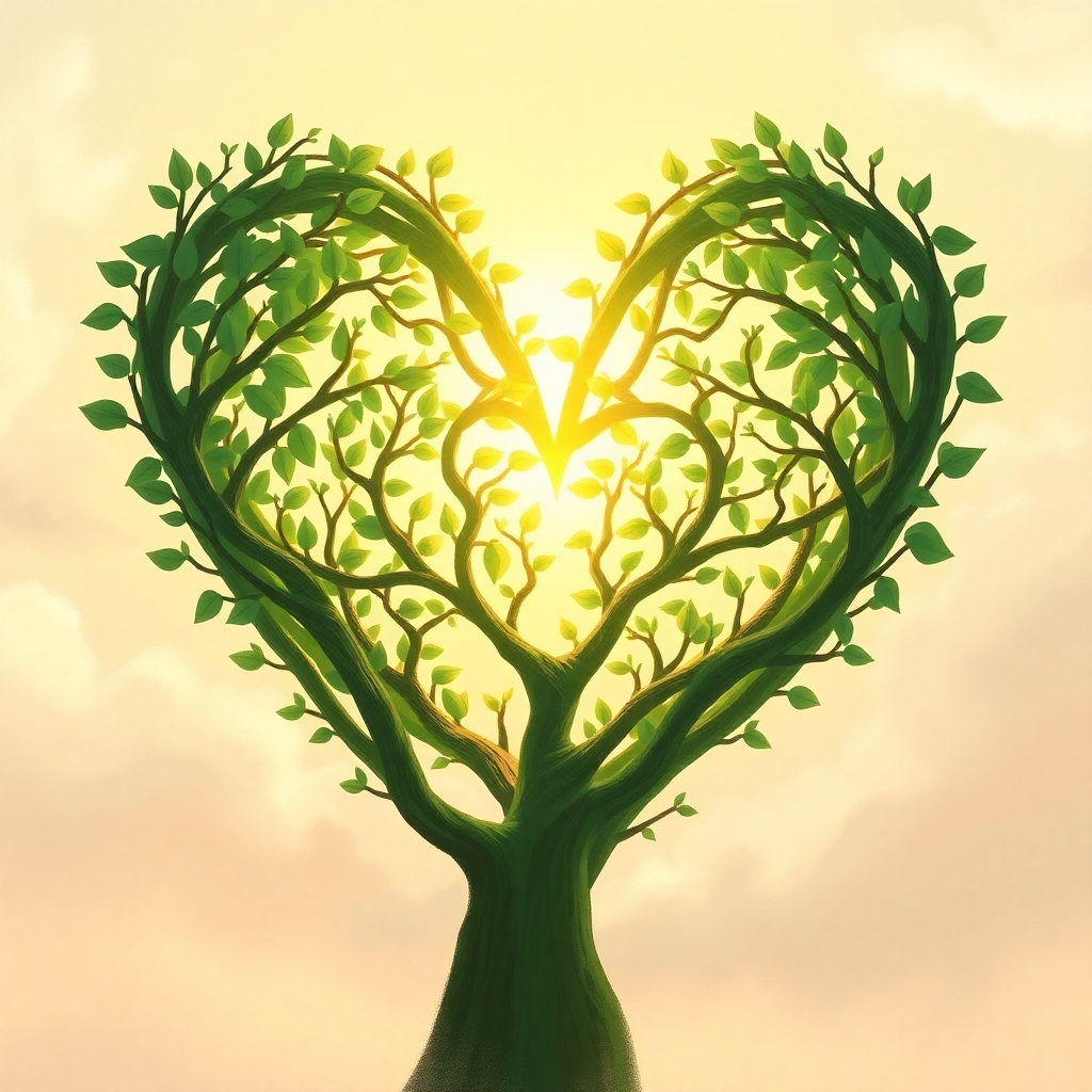 A stylized image, 4K resolution, depicting a heart formed from interwoven branches, symbolizing family unity and growth.  The branches are a soft green, representing new growth and life. The heart is surrounded by a warm, golden light, suggestive of divine love and blessings. The background is a soft, pastel sky with subtle clouds, emphasizing peace and serenity. The style should be slightly painterly, with visible brushstrokes adding texture and warmth. The lighting is soft and diffused, creating a feeling of peace and tranquility. The overall color palette is warm and inviting, with shades of gold, green, and light blue predominating.  Incorporate elements that subtly suggest the 528Hz frequency, such as a soft, harmonious wave pattern within the light surrounding the heart. The overall effect should be calming, uplifting, and spiritually resonant.