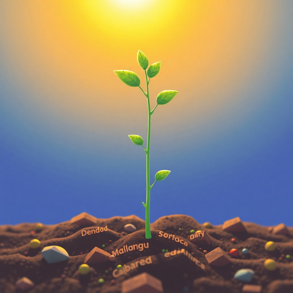 A stylized image, 4K resolution, showing a plant growing towards the sunlight, with Spanish and English words written along its stem as if forming from its growth. The scene should be colorful and positive.