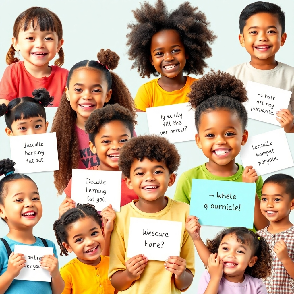 A stylized image, 4K resolution. Create a collage of diverse children smiling and engaging in positive activities, subtly integrated with affirmation cards within the collage elements.  Use a bright, colorful palette, a style which is modern and uplifting.  Focus on diversity and inclusion.