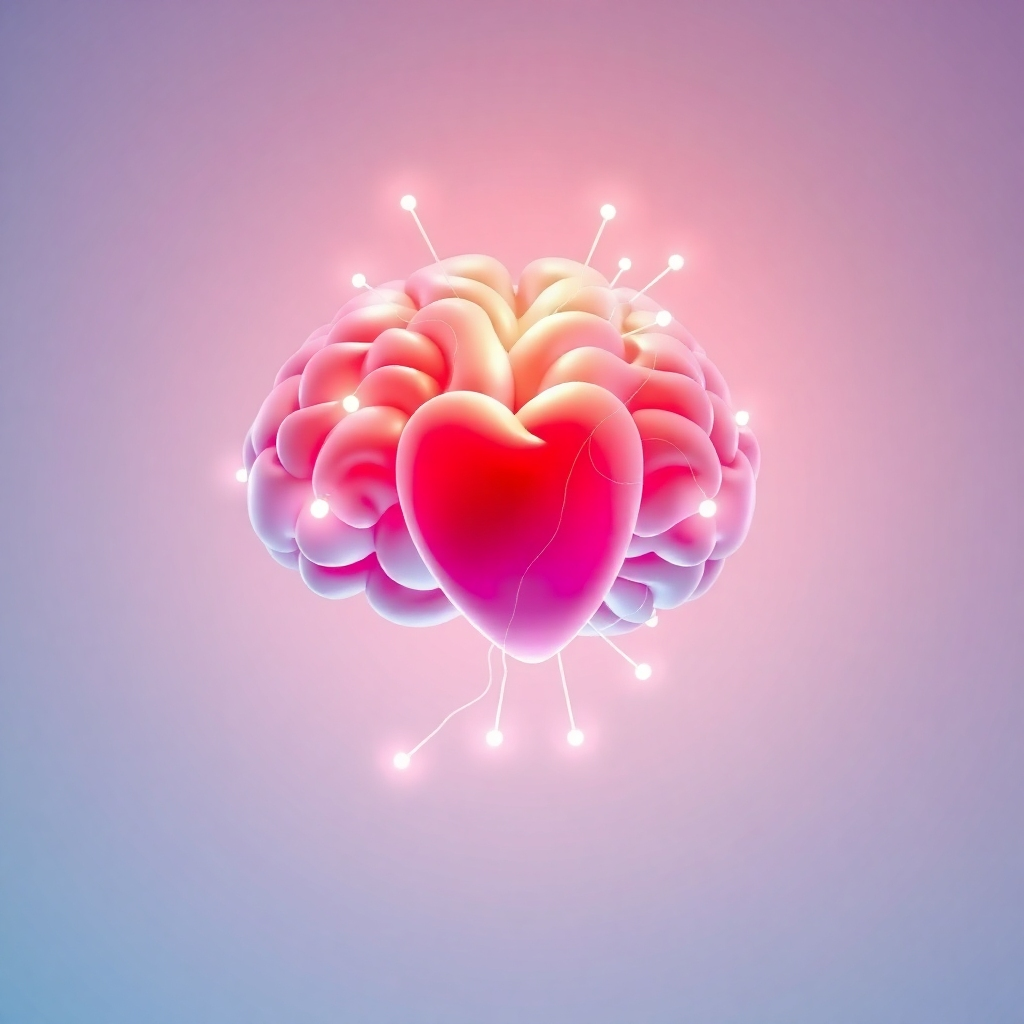 A stylized image depicting a brain and a heart connected by a network of glowing pathways. The pathways represent the connection between the mind and body. The background is a gradient of calming colors. Camera angle: Close-up shot emphasizing the interconnectedness.