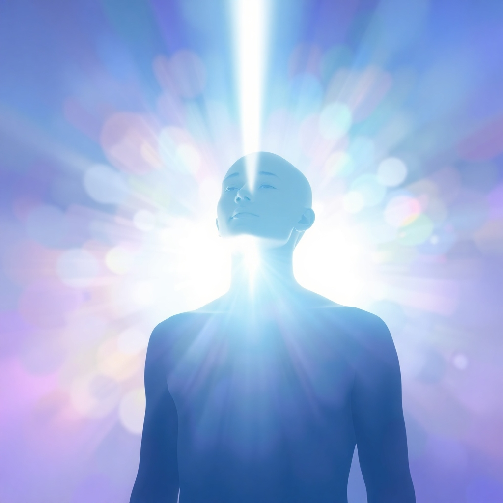 A stylized image depicting a beam of light cleansing a person's aura. The aura is represented as a colorful, translucent field surrounding the person. The light is bright and pure, dissolving any dark or negative energy. Color palette: bright white, blues, and purples. Style: abstract, energetic. Technical specs: 4K, high quality.