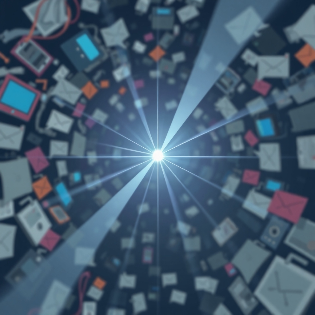 A stylized image depicting a beam of light cutting through a cluttered and chaotic environment. The beam of light is focused on a single point, representing unwavering concentration. The background is filled with distracting elements, such as phones, emails, and social media notifications. The overall message is that focus can overcome distractions. Style: Abstract and impactful. Camera angle: wide shot, showing the beam of light and the surrounding environment.