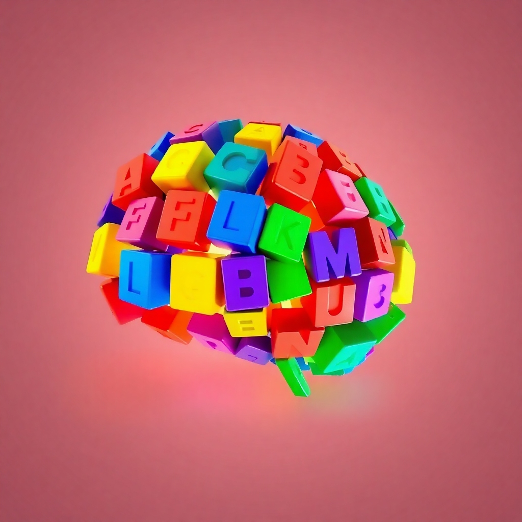 A stylized image depicting a brain made of colorful alphabet blocks, glowing with a soft light. The style should be vibrant and engaging, emphasizing the positive impact of the ABC affirmations on brain development.  Resolution: 4K, high quality