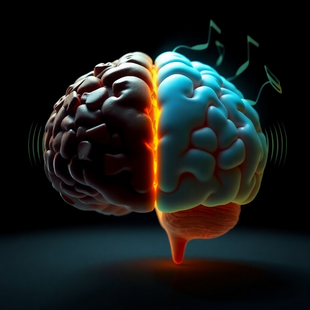 A stylized image depicting a brain transforming from a cluttered state to a clear and organized state. Sound waves are gently washing over the brain, representing the reprogramming process. The color palette transitions from dark and murky to bright and vibrant. The camera angle is close-up, focusing on the transformation of the brain. Style: Symbolic and transformative.