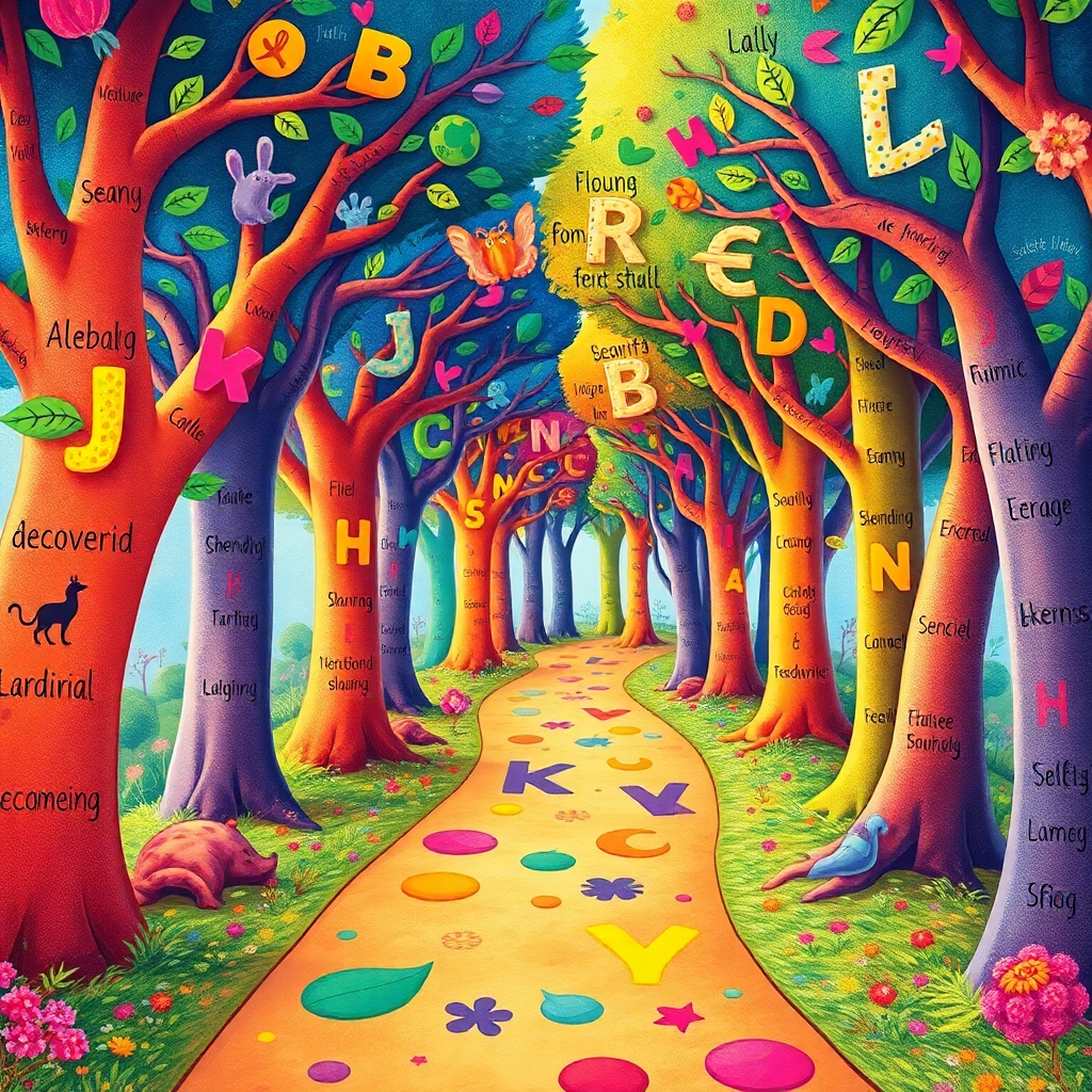 A stylized image depicting a colorful, whimsical path winding through a vibrant alphabet forest. Each tree is shaped like a letter of the alphabet, with leaves and branches decorated with positive words and images related to learning and self-discovery. The overall style should be bright, cheerful, and inviting, using a palette of warm colors and whimsical textures. The lighting should be soft and diffused, creating a magical atmosphere. The camera angle should be slightly low, creating a sense of wonder and adventure. Reference artists like Maurice Sendak and Eric Carle for inspiration. Resolution: 4K, high quality.