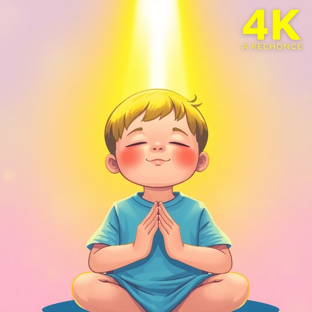 A stylized image depicting a child meditating with their hands in a receiving gesture. A beam of golden light shines down upon them, symbolizing the flow of abundance. Use vibrant colors and a slightly surreal aesthetic in 4K resolution.
